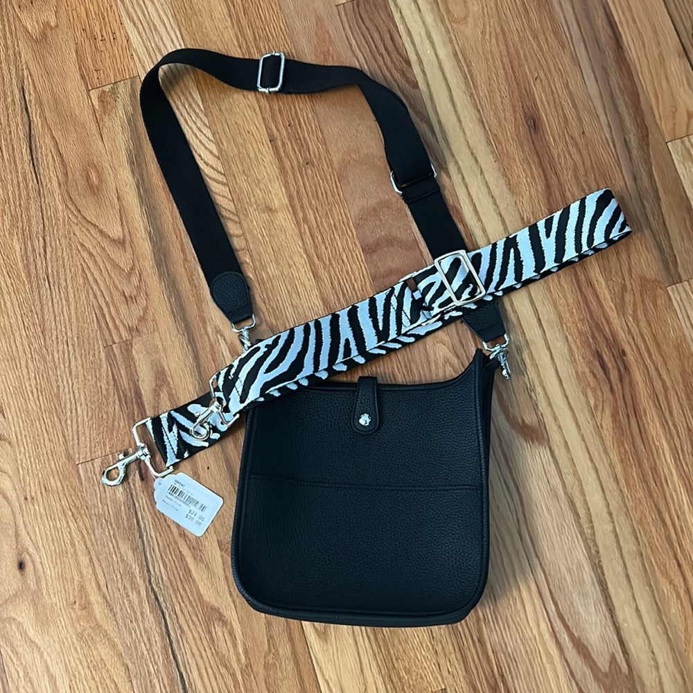 Black vegan leather crossbody bag w/ black & zebra strap bundle